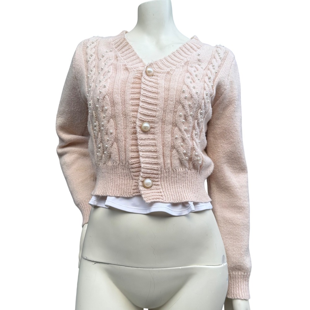 Coquette Blush Pink Cable Knit Pearl Cardigan Cropped Coquette Grandmacore S/M
